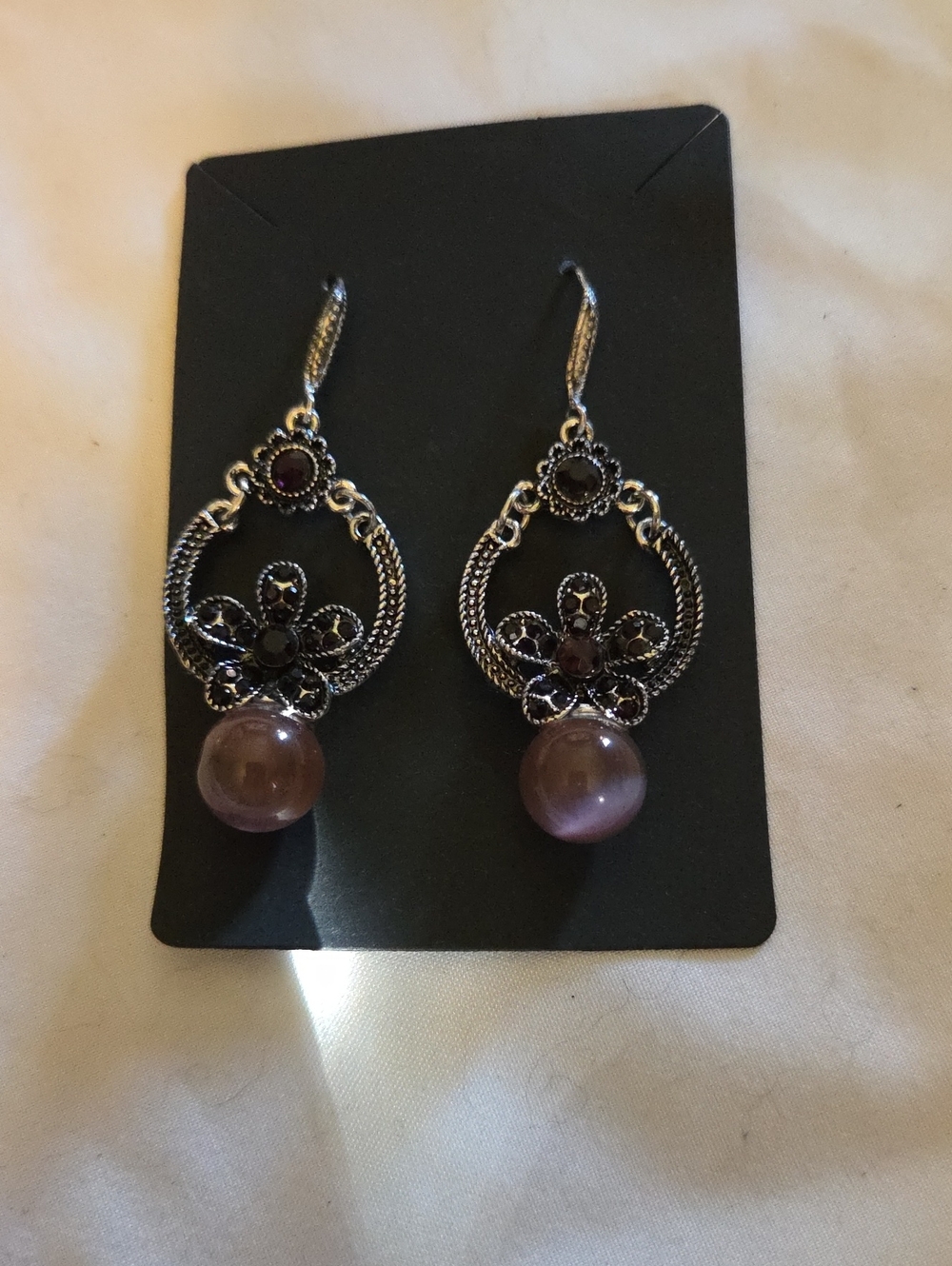 Ornate Silver-Tone Drop Earrings with Purple Orb Accent